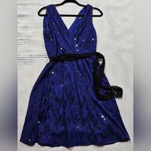 Express Royal Blue Cocktail Sequin Summer Dress w Black Sequin Belt Size M